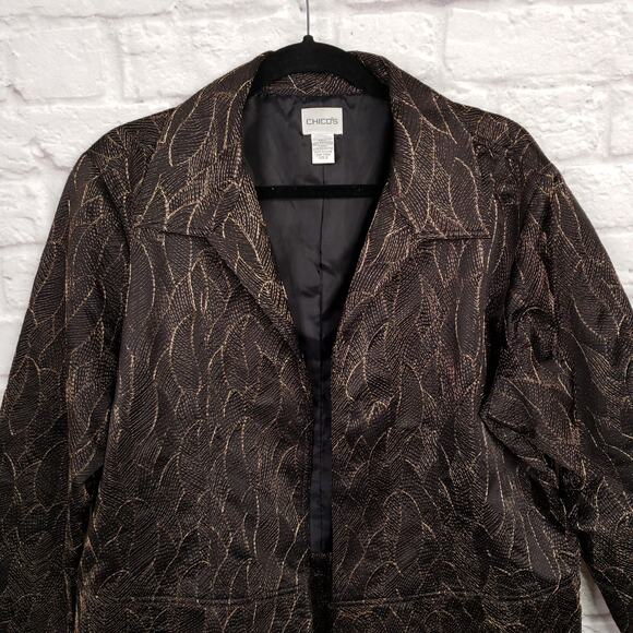 Chico's Size 3 Black & Metallic Bronze Embroidered Leaf Open Jacket Size XL 16 - Picture 2 of 10